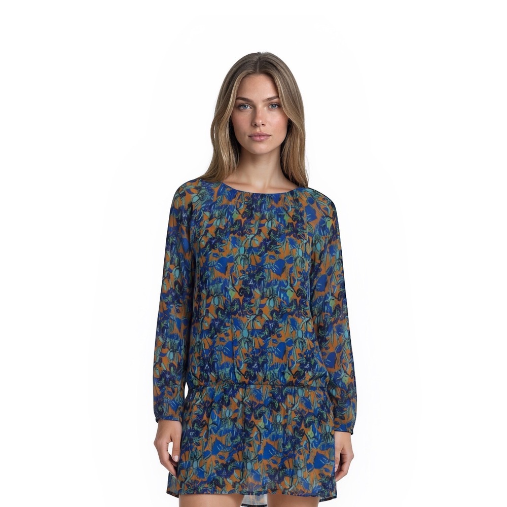 Agua Bendita Mini Dress‎ Women's Size Small Blue Orange Floral Tassel Drop Waist